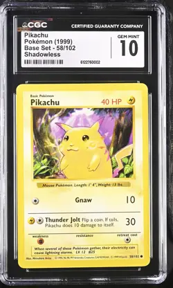 CGC 10 GEM MINT Pikachu 58/102 Base Set Shadowless Yellow Cheeks Pokemon Card - Image 1