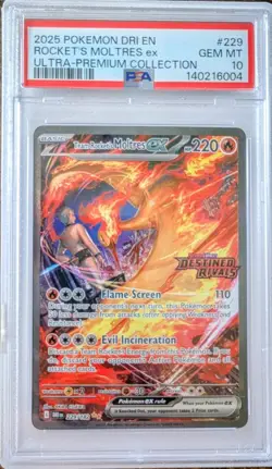 PSA 10 2025 Pokemon Team Rocket’s Moltres EX 229/182 UPC Stamped Promo GEM MINT - Image 1