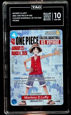 TAG GEM MINT 10 Monkey.D.Luffy College Basketball US Voyage P-055 One Piece 976 - Image 1