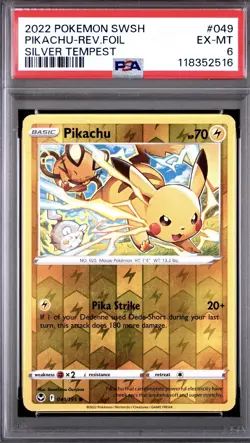 2022 POKEMON SWORD & SHIELD SILVER TEMPEST #049 PIKACHU-REV.FOIL - PSA 6 - Image 1