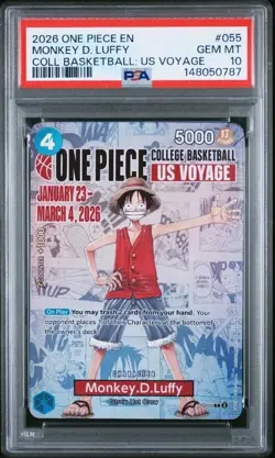 2026 ONE PIECE EN #055 COLLEGE BASKETBALL US VOYAGE MONKEY D. LUFFY PSA 10 GEM - Image 1