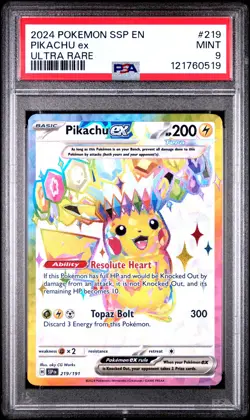 2024 POKEMON SSP EN-SURGING SPARKS ULTRA RARE #219 PIKACHU EX PSA 9 - Image 1