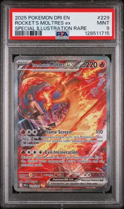 2025 POKEMON DRI EN-DESTINED RIVALS #229 TEAM ROCKET'S MOLTRES EX SIR PSA 9 - Image 1