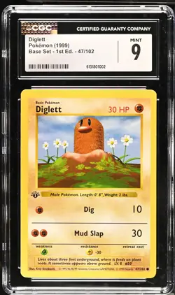 CGC 9 MINT Diglett 47/102 1st Edition Shadowless Base Set Pokemon Card - Image 1