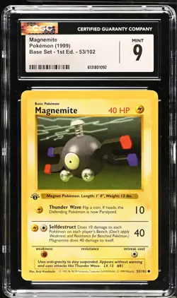 CGC 9 MINT Magnemite 53/102 1st Edition Shadowless Base Set Pokemon Card - Image 1