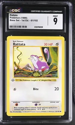 CGC 9 MINT Rattata 61/102 Base Set 1st Edition Shadowless Pokemon Card - Image 1