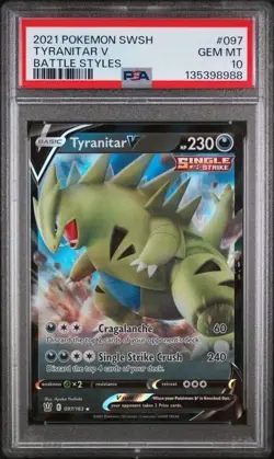 TYRANITAR V #097 PSA 10 POKEMON CARD 2021 SWORD & SHIELD BATTLE STYLES - Image 1