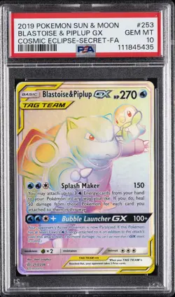 2019 POKEMON SUN & MOON COSMIC ECLIPSE FULL ART/BLASTOISE & PIPLUP GX PSA 10 - Image 1