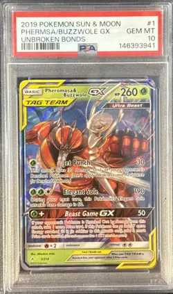 2019 POKEMON SUN & MOON UNBROKEN BONDS #1 PHEROMOSA & BUZZWOLE GX PSA 10 - Image 1