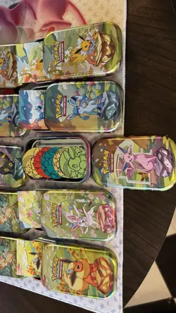 Prismatic Evolutions Empty Mini Tin Complete Set Of 10Tin + Card + Coin NO PACKS - Image 3