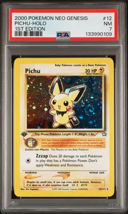 Nintendo 2000 Pokemon Neo Genesis Pichu 1st Edition Holo 12 PSA 7 NM Swirl - Image 1