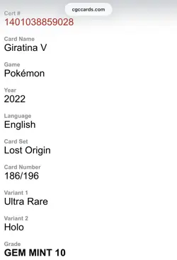 2022 POKEMON SWORD & SHIELD LOST ORIGIN #186 FULL ART GIRATINA V CGC 10 - Image 5