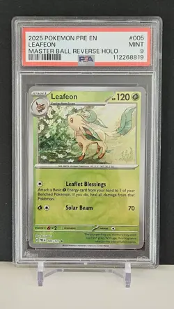Pokemon Leafeon Master Ball TCG Reverse Holo Card Prismatic Evolutions 005 PSA 9 - Image 1