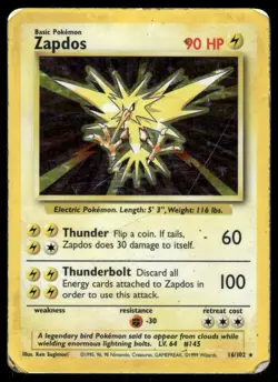 Pokemon Cards Zapdos 16/102 Holo Base Set Unlimited Holo WOTC Rare DMG *CREASE* - Image 1