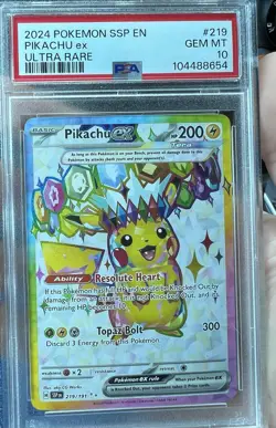 Pikachu EX Holo Ultra Rare Card 219/191 SSP English Surging Sparks PSA 10 - Image 1