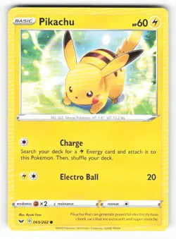 Pikachu 065/202 Common Sword & Shield Pokemon NM front/ MP back - Image 1