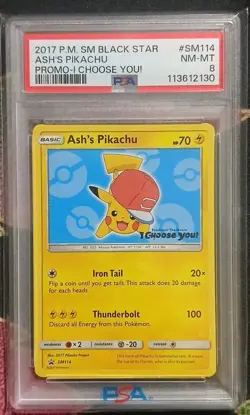 Pokemon TCG Ash's Pikachu SM114 PSA Grade 8 Black Star Promo - Image 1