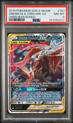 PSA 8 NM-MT 2019 POKEMON SUN & MOON UNBROKEN BONDS #107 GRENINJA & ZOROARK GX - Image 1