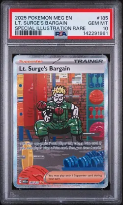 2025 Pokemon Mega Evolution #185/132 Lt. Surge's Bargain PSA 10 - Image 1