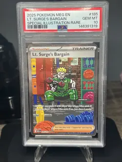 2025 Pokemon Mega Evolution #185/132 Lt. Surge's Bargain PSA 10 - Image 1