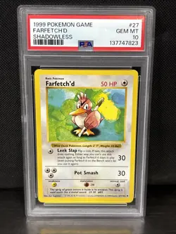 1999 Pokemon Shadowless Base Set Farfetch’d #27 PSA 10 - Image 1