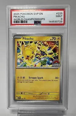 2025 POKEMON SVP EN-SV BLACK STAR PROMO WORLD CHAMPIONSHIPS #225 PIKACHU PSA 9 - Image 1