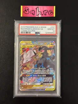 PSA 10 Reshiram & Zekrom GX Half Art SM Cosmic Eclipse 157/236 Pokemon Card - Image 1
