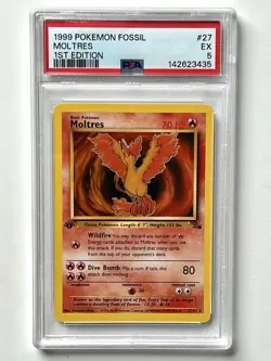 RARE VINTAGE 1999 Pokemon Fossil #27 Moltres 1st Edition - Freshly Graded PSA 5 - Image 1