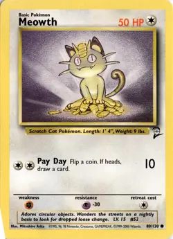 Meowth 080/130 Base Set 2 Pokemon Card TCG - Image 1