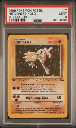 1999 Pokemon Fossil Hitmonlee Holo #7 1st Edition PSA 9 Mint – Vintage WOTC - Image 1