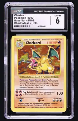 1999 Pokemon Base Set Shadowless Holo Charizard #4 CGC 6 EXMT - Image 1