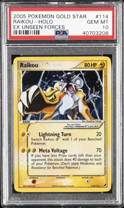 2005 POKEMON EX UNSEEN FORCES GOLD STAR #114 RAIKOU-HOLO PSA 10 - Image 1