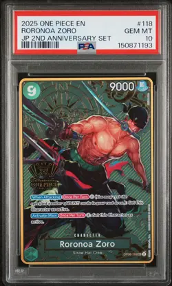 2025 ONE PIECE JAPANESE 2ND ANNIVERSARY SET #118 RORONOA ZORO PSA 10 - Image 1