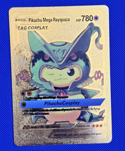Pikachu Mega Rayquaza Pokemon Card Tag Cosplay Metal Gold Foil Fan Art Gold Card - Image 1