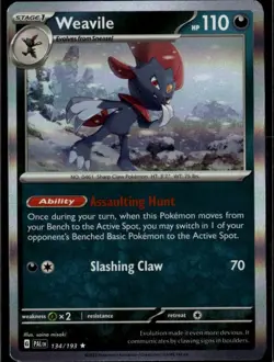 Weavile Rare SV02: Paldea Evolved 134/193 Dark Holo Pokemon Card - Image 1
