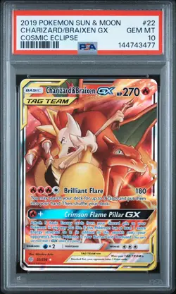 2019 POKEMON SUN & MOON COSMIC ECLIPSE #22 CHARIZARD & BRAIXEN GX PSA 10 - Image 1