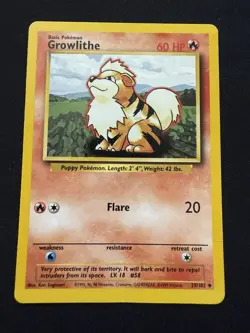 Pokemon TCG Growlithe Base Set 28/102 Unlimited Uncommon Card Shadowless - Image 1