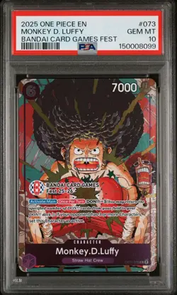 2025 One Piece EN Bandai Card Game Fest Monkey D Luffy #073 PSA 10 GEM MINT - Image 1