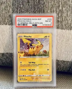 Pokemon Card Pikachu #SWSH039 Promo General Mills 25th Anniversary PSA 8 MINT - Image 1