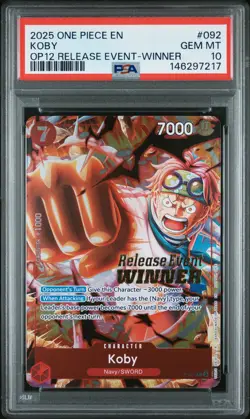 2025 ONE PIECE PROMOS LEGACY OF THE MASTER RELEASE EVENT-WINNER #092 KOBY PSA 10 - Image 1