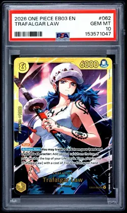 2026 ONE PIECE EB03-EXTRA BOOSTER HEROINES EDITION #062 TRAFALGAR LAW PSA 10 - Image 1