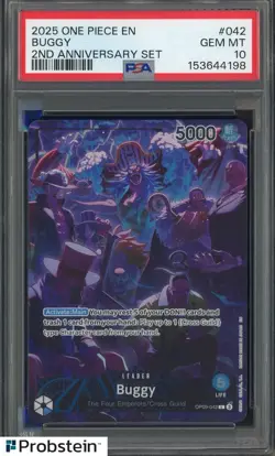 2025 One Piece EN 2nd Anniversary #042 Buggy PSA 10 GEM MINT - Image 1