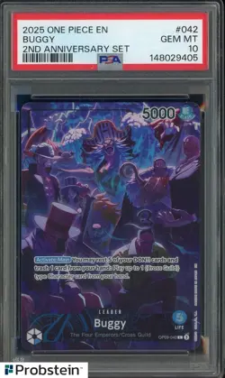 2025 One Piece EN 2nd Anniversary #042 Buggy PSA 10 GEM MINT - Image 1