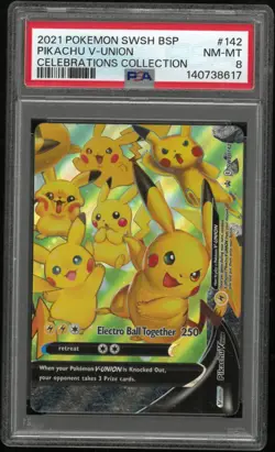 2021 Pokemon SWSH BSP Pikachu V-Union Celebrations Collection #142 PSA 8 - Image 1
