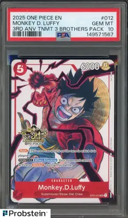 2025 One Piece EN 3rd Anniversary Tmnt 3 Brhtrs #012 Monkey D. Luffy PSA 10 - Image 1