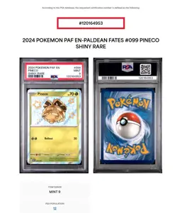2024 POKEMON PAF EN-PALDEAN FATES #099 PINECO SHINY RARE PSA9 Pop 12 - Image 3
