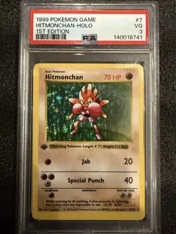 1999 Pokemon Base Set 1st Edition Shadowless Hitmonchan Holo Rare PSA 3 Vintage - Image 1
