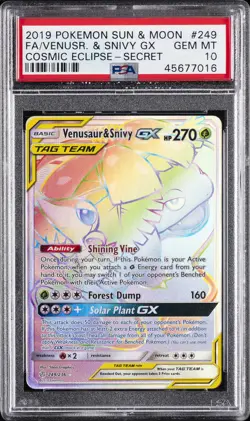 2019 POKEMON SUN & MOON COSMIC ECLIPSE #249 FULL ART/VENUSAUR & SNIVY GX PSA 10 - Image 1