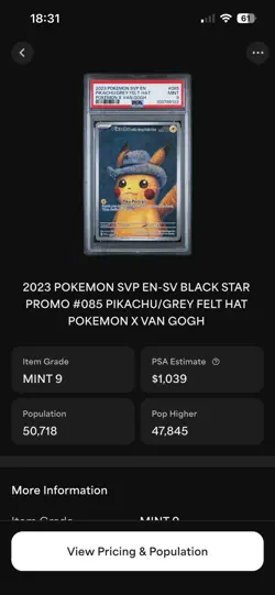 2023 POKEMON SVP BLACK STAR PROMO #085 PIKACHU/GREY FELT HAT POKEMON XVAN GOGH - Image 3