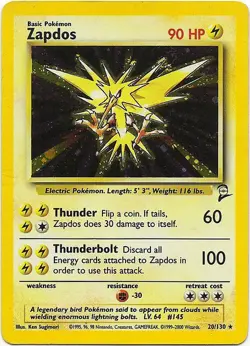 Moderately Played Zapdos - 20/130 - Holo Rare - Unlimited Edition Pokemon Base S - Image 1